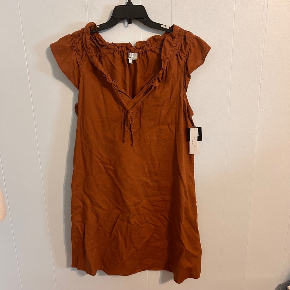 Signature by Robbie Bee Rust Linen Blend Ruffle Tie Neck Mini Dress RB66482BK L